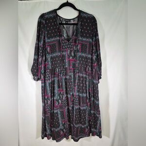 Torrid Midi Dress - Black with Pink and Green Pattern - 2X